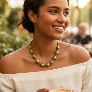 Peridot faux pearl & orange glass Beaded Necklace + jade pieces